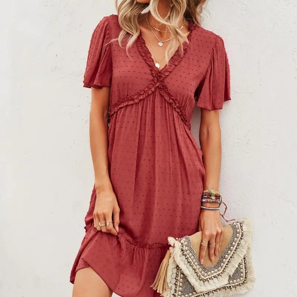 Solid V Neck Short Sleeve Ruffled Hem Dress